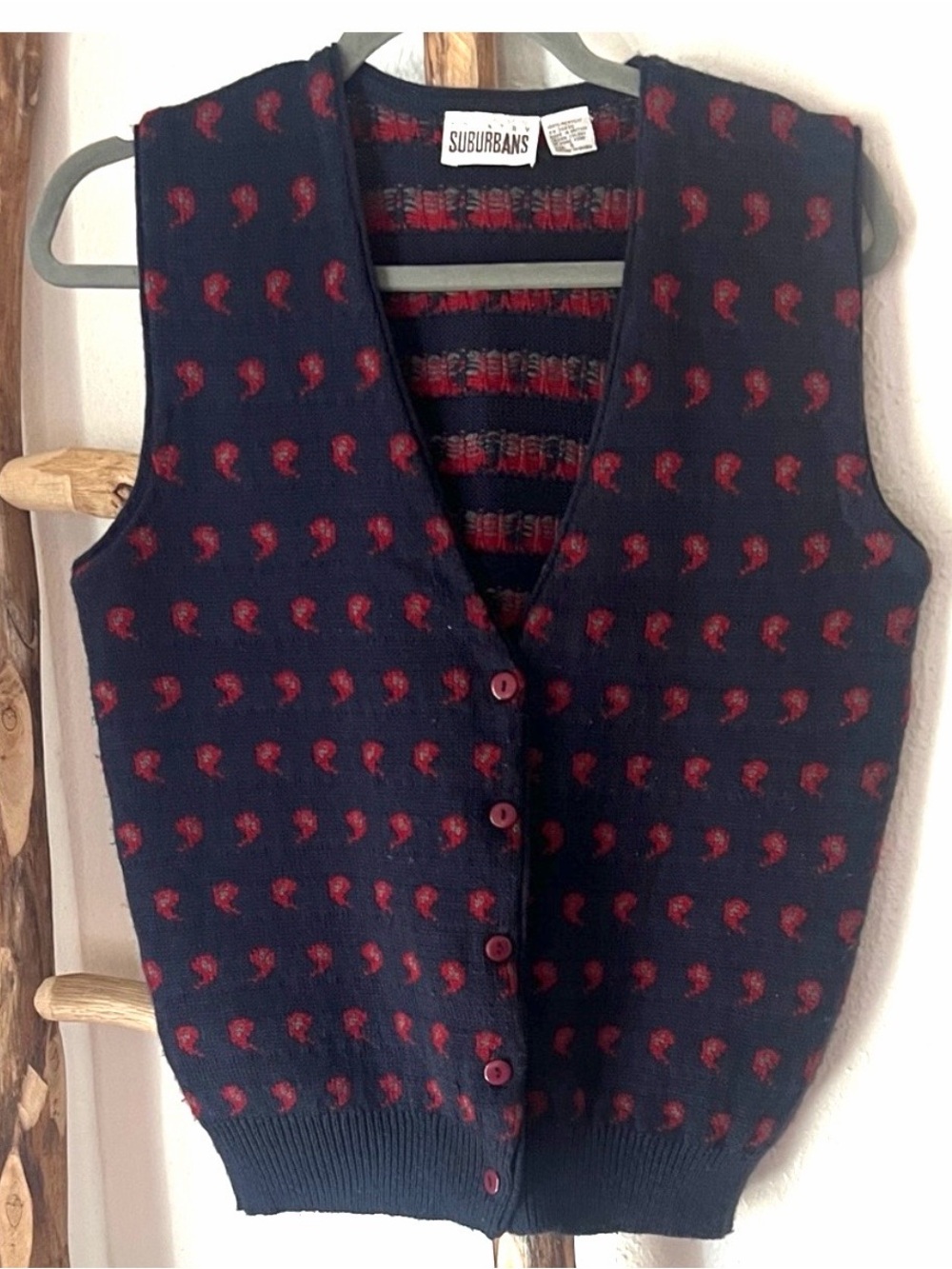 Country Suburbans Men's Vintage Navy Red Print Knit Button Sweater Vest Small